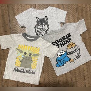 Kids 2T t-shirt gray bundle, Star Wars, Cookie Monster, Wolf